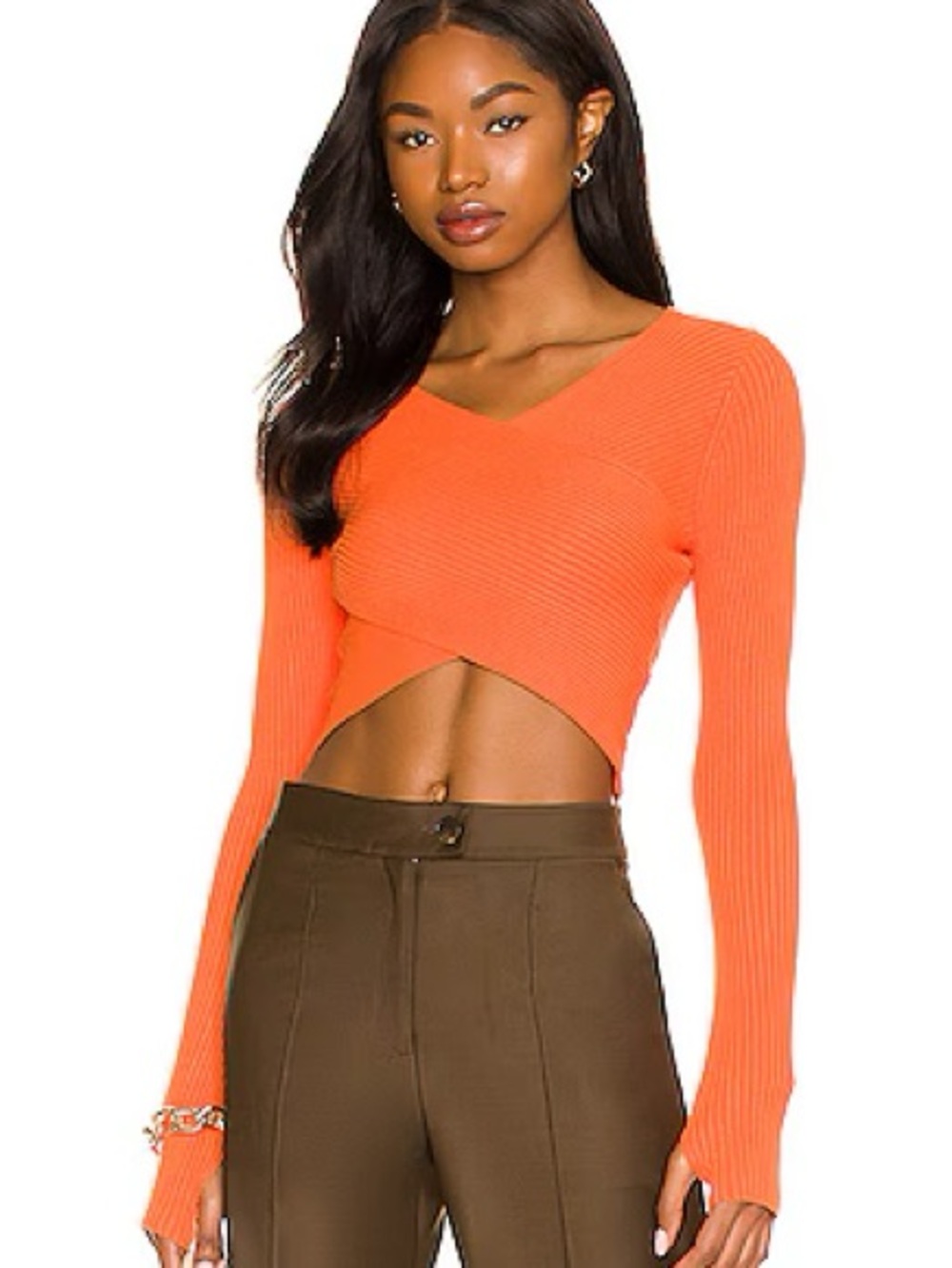 NBD Orange Ribbed Wrap Crop Sweater | Revolve